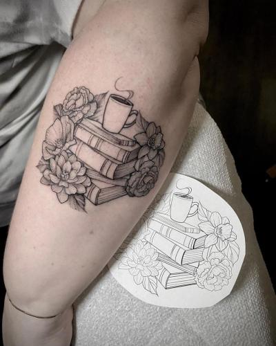 coffee cup tattoo with books