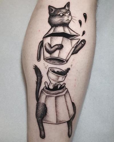 coffee pot tattoo with cat